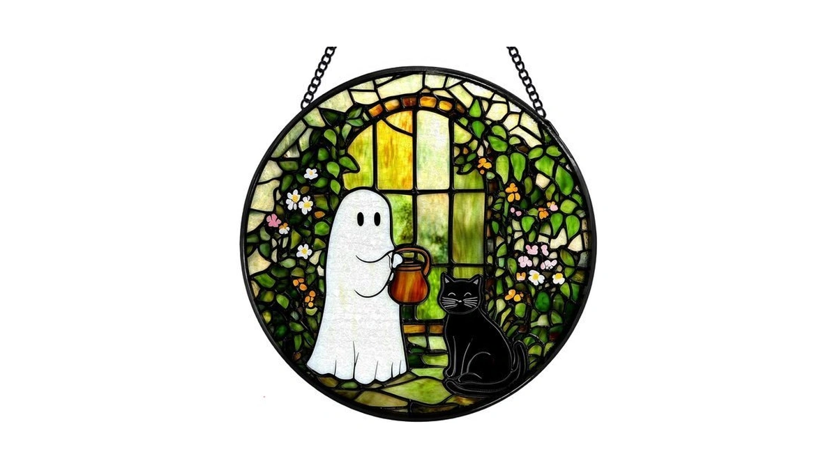 Jmengssfl Ghost And Cat Plant Lover Stained Glass Suncatcher 7.9x7.9