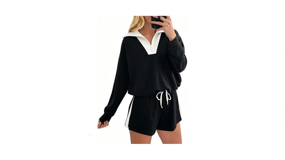 Aswulk Women Zip Quarter Sweatsuits 2 Piece Outfits Shorts Sets