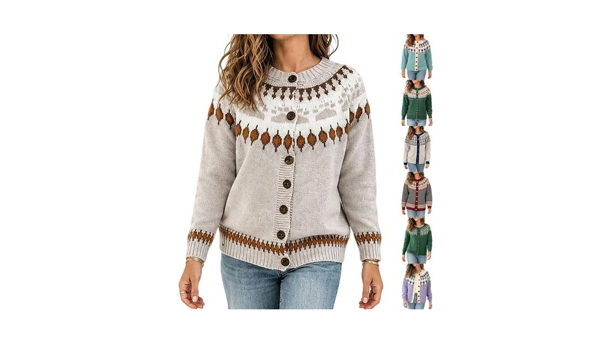 Womens Fair Isle Cardigans Button Up Chunky Sweaters Long Sleeve
