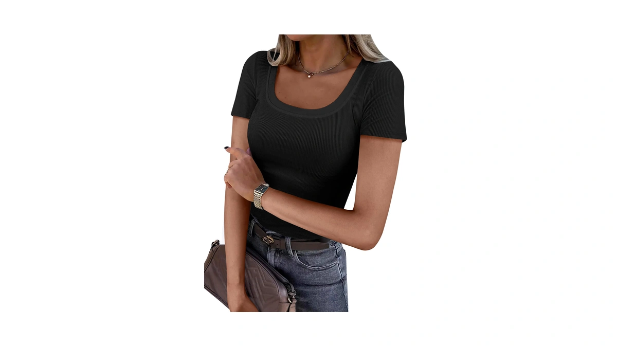 Anrabess Women Short Sleeve Tops Scoop Neck Ribbed Tee Shirts,black,m