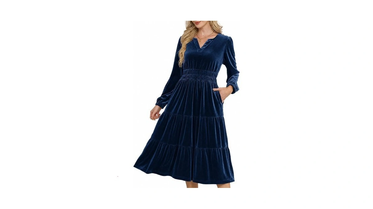 Jayscreate Women's 2026 Warp Long Sleeve Layered Velvet Midi Dress
