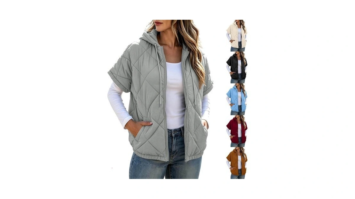 Womens Quilted Vest Drawstring Hood Short Sleeve Zip‑up Lightweight Puffer