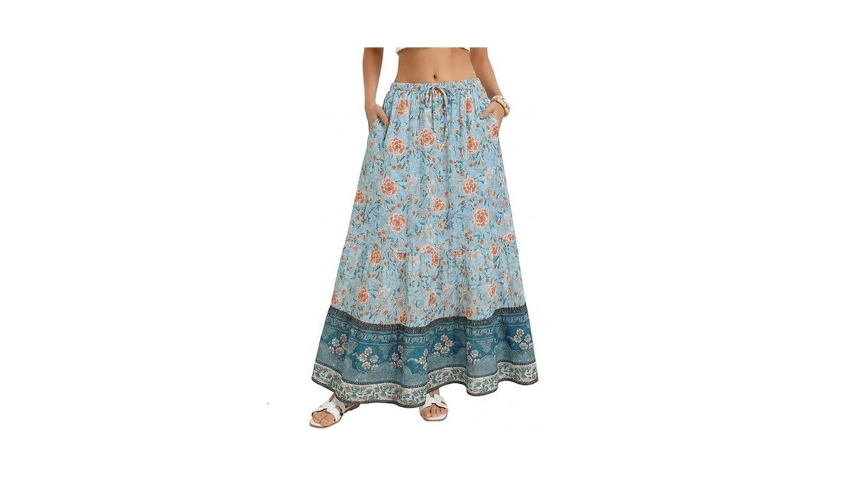Kate Kasin Womens Green Maxi Long Skirt, Summer Flowy Boho