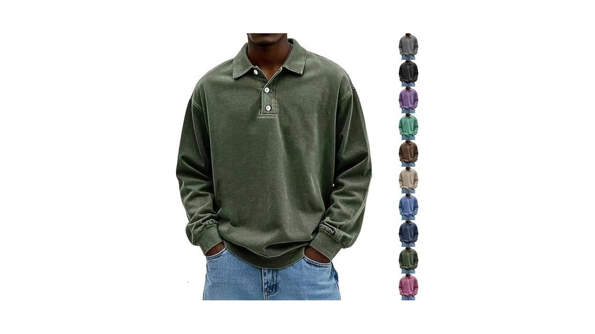 Acid Wash Tshirt Men Vintage Cotton Golf Long Sleeve Polo