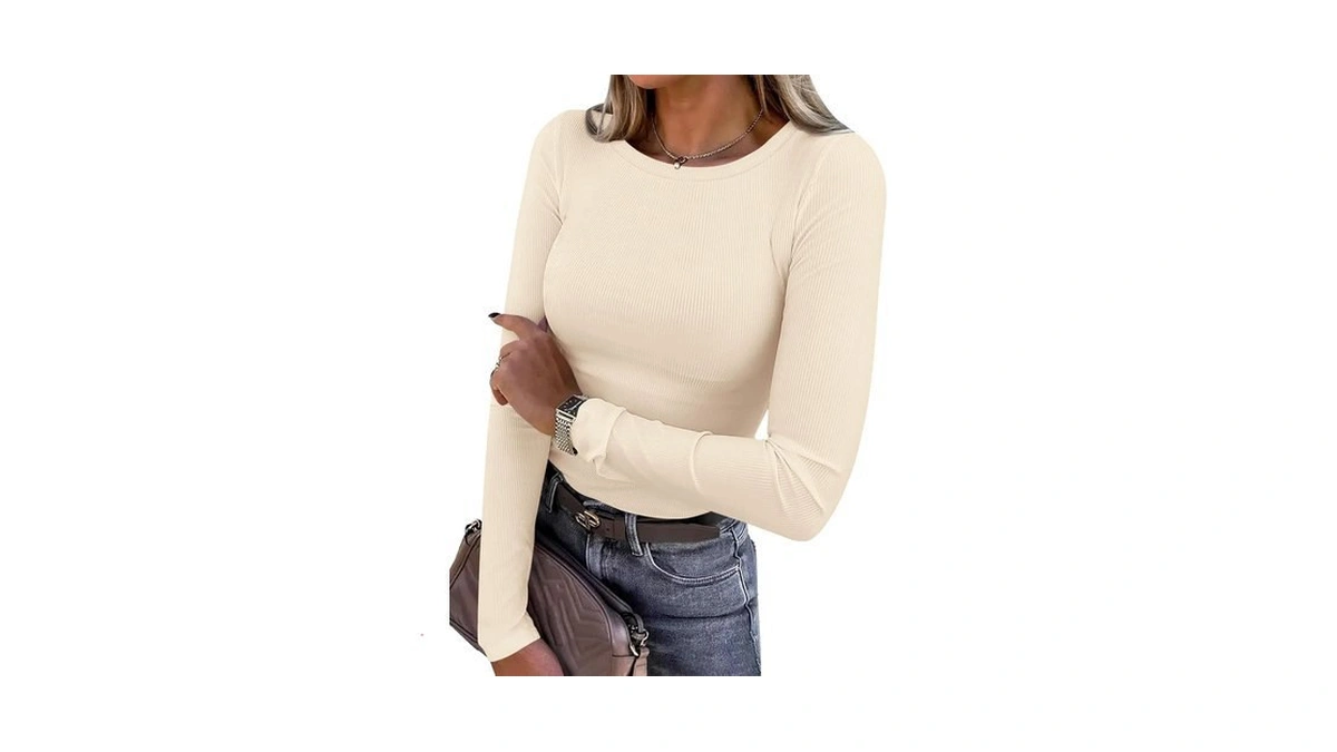 Prettygarden Women's Fall Long Sleeve Shirts Basic Tees (beige,m)