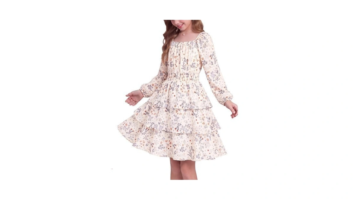 Hoziy Girls Fall Long Sleeve Floral Dresses Beige Family Photo