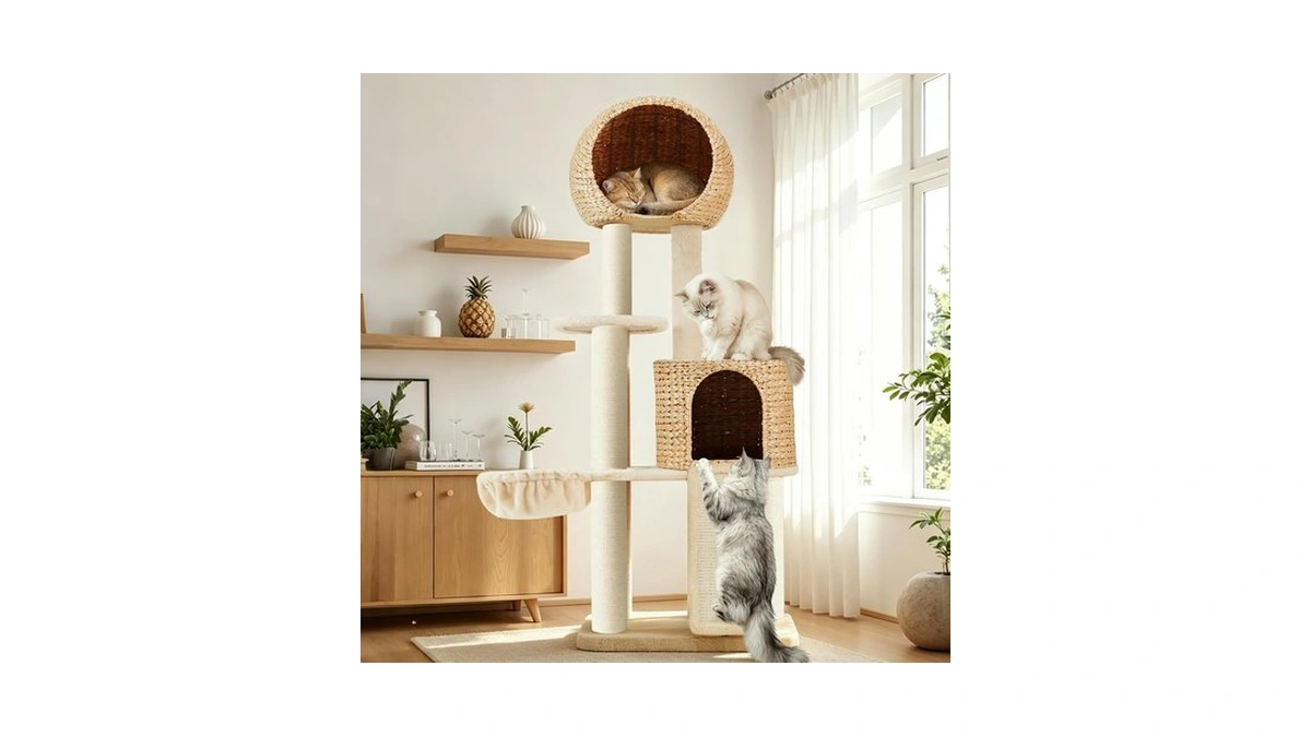 60.2" Tall Natural Handwoven Rattan Cat Tree,heavy Duty For Multi-cats