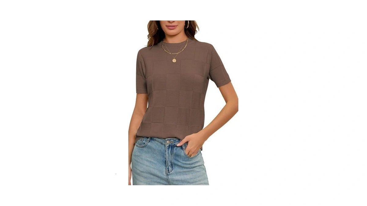 Cakulo Women's Checkered Summer Short Sleeve Sweater Brown S