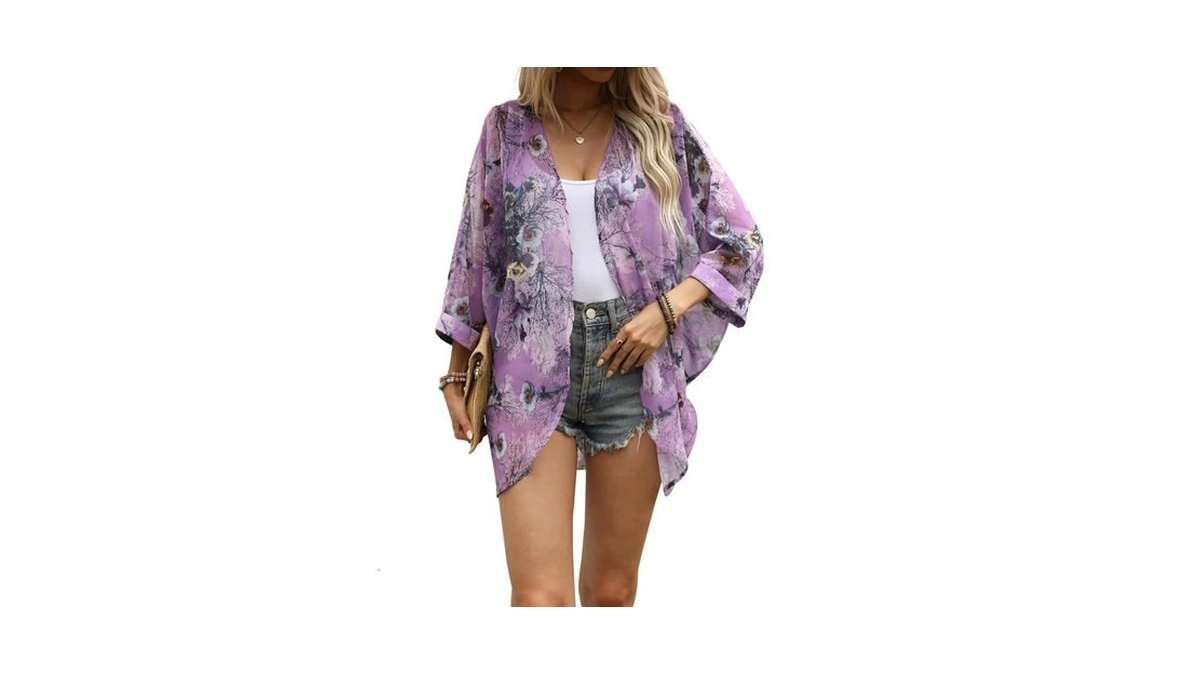 Olrain Women's Floral Print Sheer Chiffon 3/4 Bat Sleeve Casual