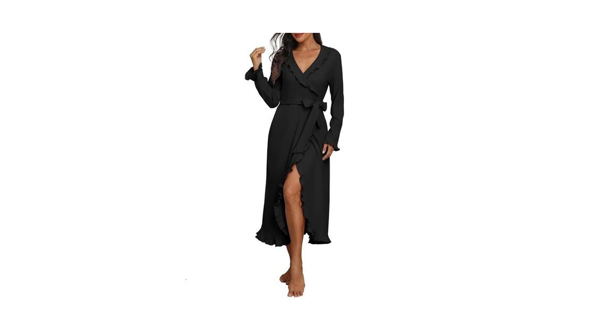 Prinstory Womens Robe Fleece Ruffle Warm Long Bathrobe Black-xl