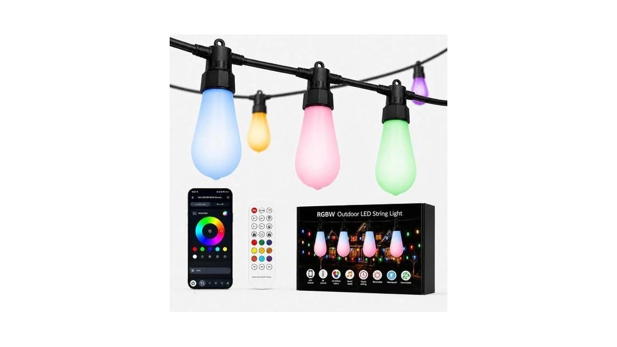 Qynxelz Outdoor String Lights For Patio,50ft Rgbw App Remote,20 Bulbs