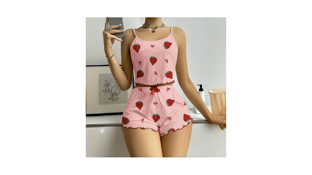 2 Pcs Womens Leisure Pajama, Strawberry Lounge Sets For Women,