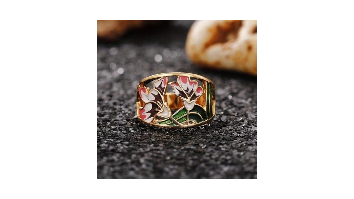 Gold Plated Hollow Enamel Wide Cubic Zirconia Floral Statement Ring