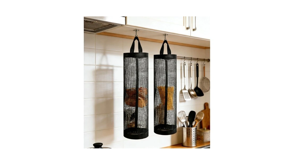 2-pack Black Mesh Hanging Dispenser, 11.2×4.3 Inch Plastic Grocery Organizer