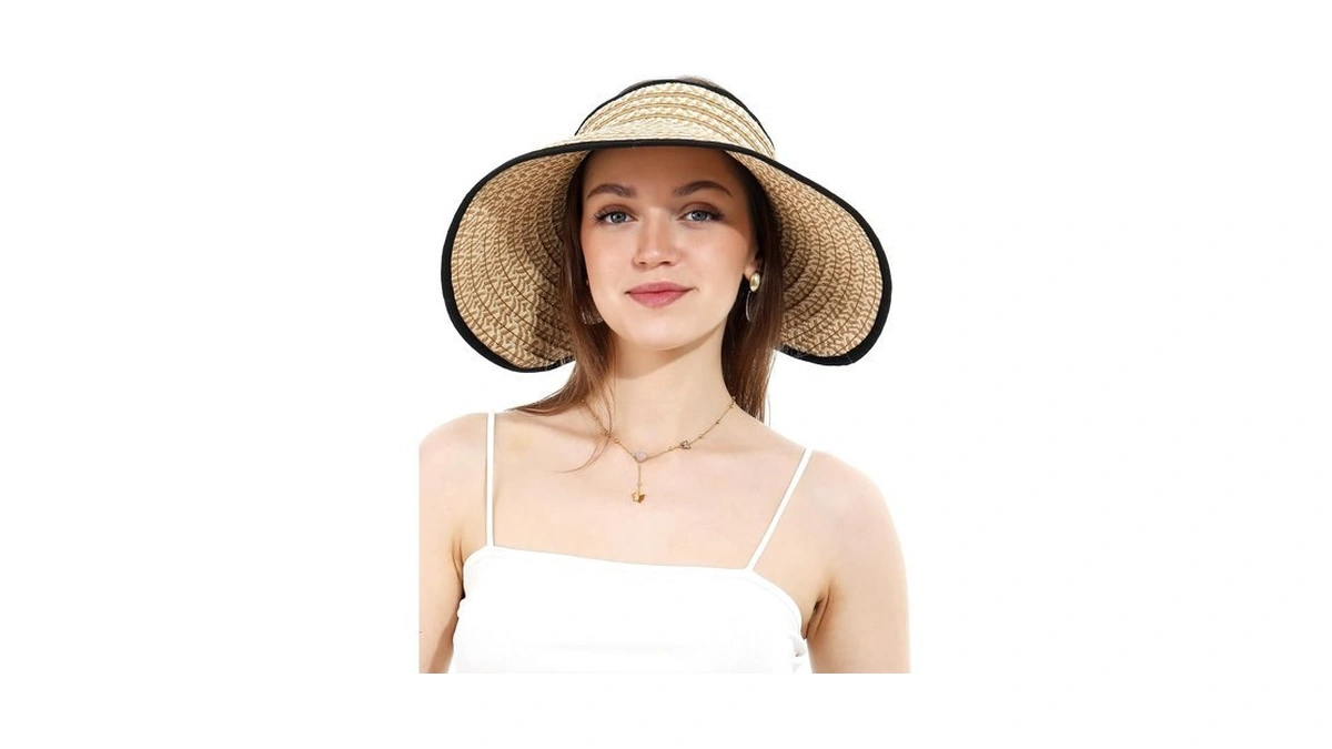 Womens Beach Straw Sun Hats Ponytail Hole Wide Brim Summer