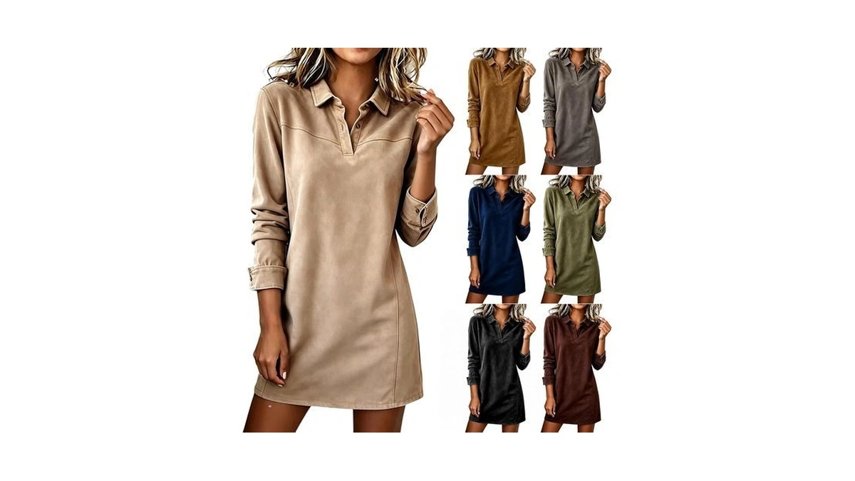 Ladies Faux Suede Shift Mini Dress Long Sleeve Lapel Collar