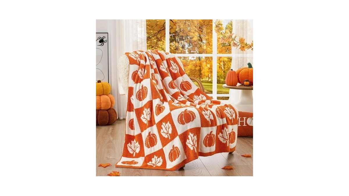 Snuggle Sac Fall Checkered Blanket Orange Pumpkin Maple Leaf Throw