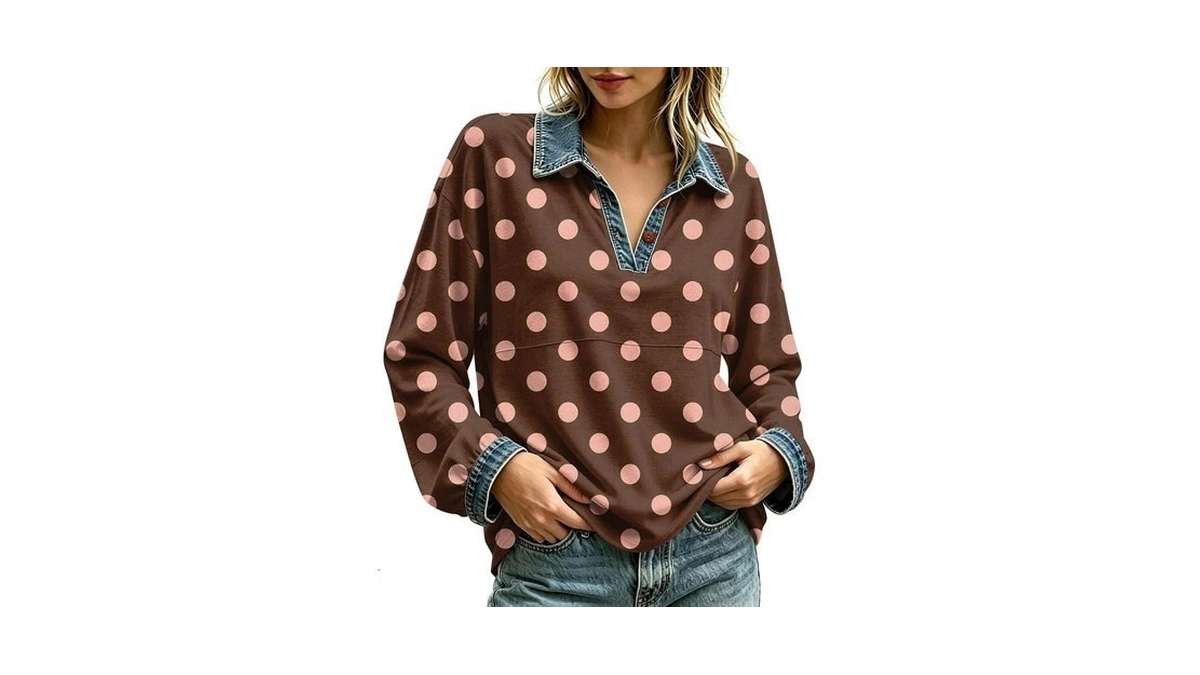 Womens Polka Dot Top Winter Denim Patchwork Oversized Vintage Shirt