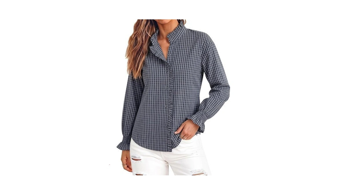 Totatuit Gingham Blouse Ruffle Collar Button Up Long Sleeve Casual