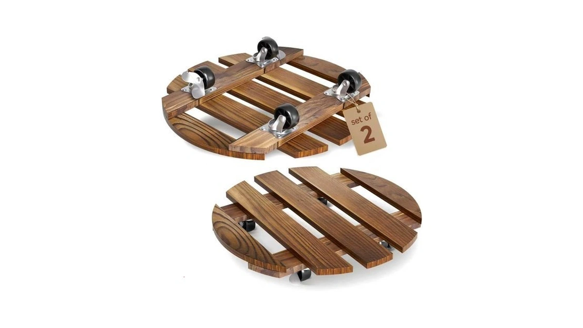 2 Pack 12 In Wood Plant Caddy, 360 Lock Wheels