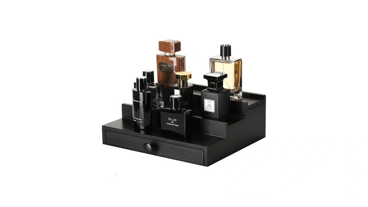 3 Tier Men's Cologne Organizer, Black Wooden Display Stand With