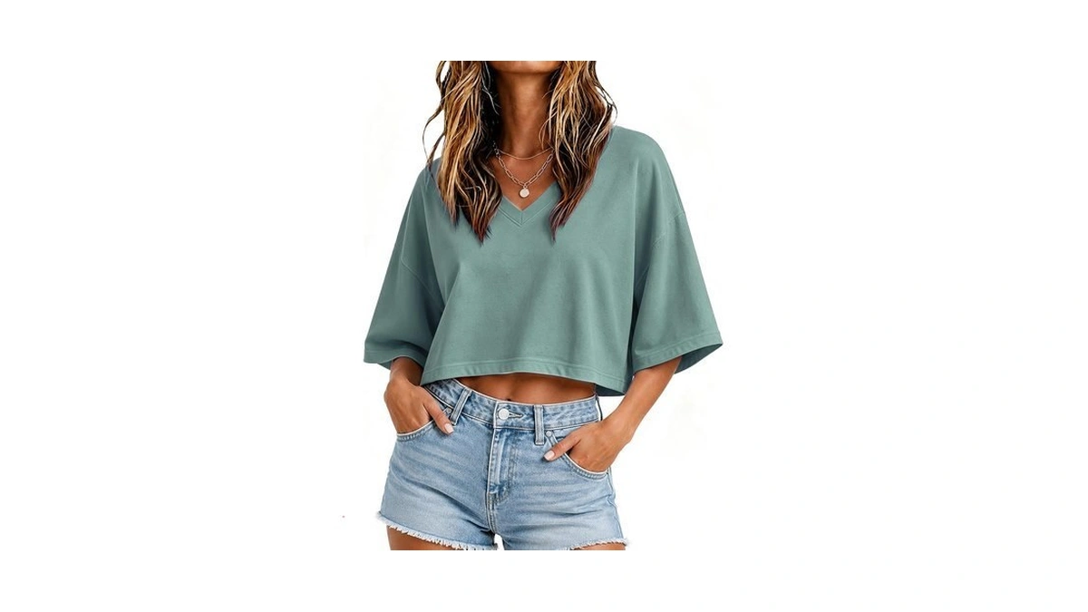 Joywayco Women's V Neck Cropped T Shirt Drop Shoulder Loose