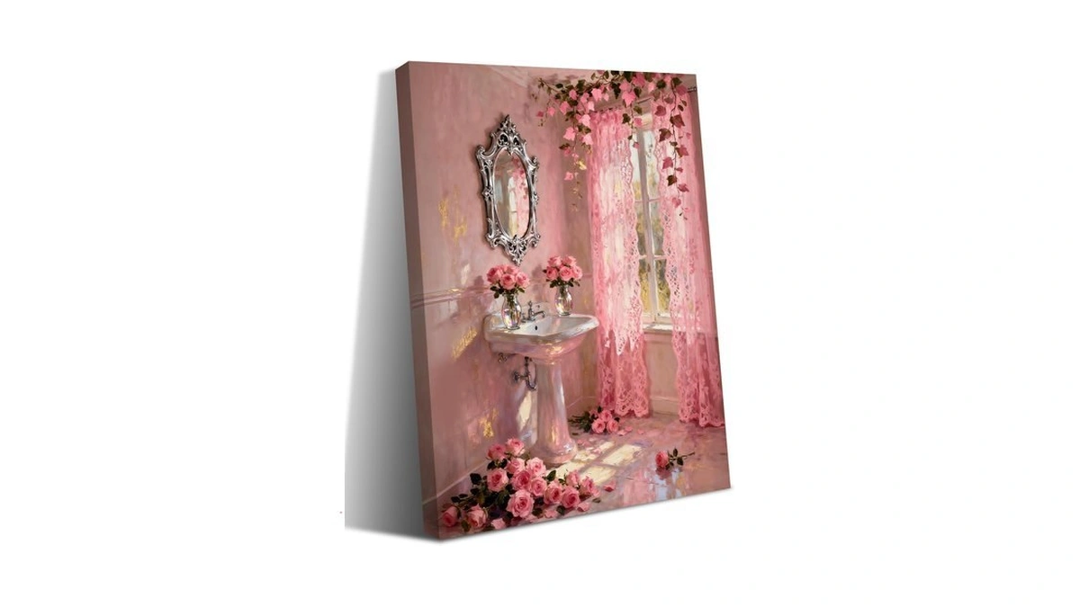 Pink Flowers Theme Bathroom Canvas Wall Art,vintage Pink Bathroom Wall