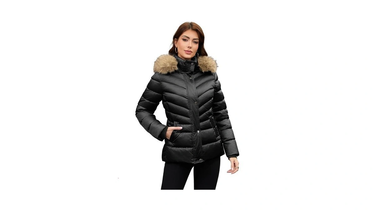 Papillon D'or Women's Shiny Puffer Coat With Detachable Faux Fur