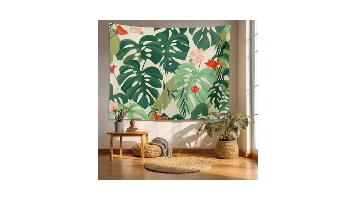 Batmerry Floral Tropical Leaves Tapestry, Tropical Banana Leaves Hibiscus Flowers