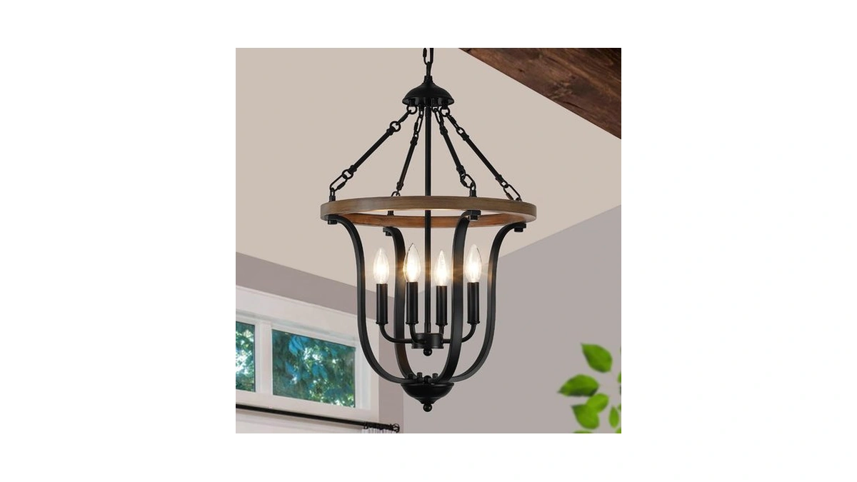 Szzyajg Black Farmhouse Chandelier For Dining Room, 4-light Rustic Wood