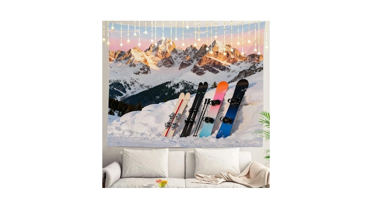 Shrahala Snow Tapestry, Three Snowboards Ski Standing Snow Slope Mountains