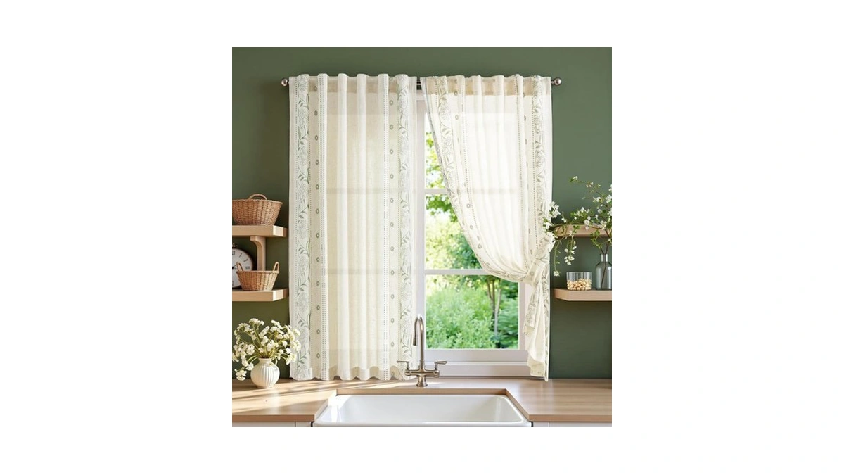 Jinchan Green Floral Linen Kitchen Tier Curtains 54 Inch Back