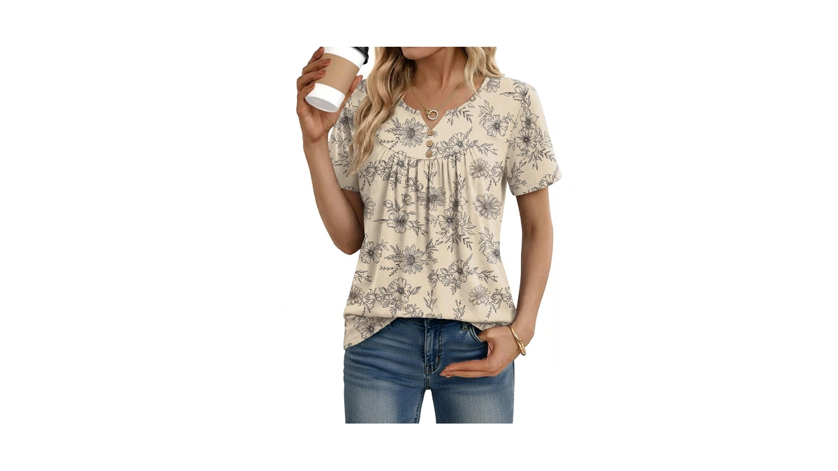 Zeagoo Womens Tops V Neck Short Sleeve T-shirts Floral Pleat