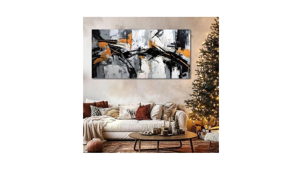 Large Abstract Canvas Wall Art Black And Orange Modern Wall