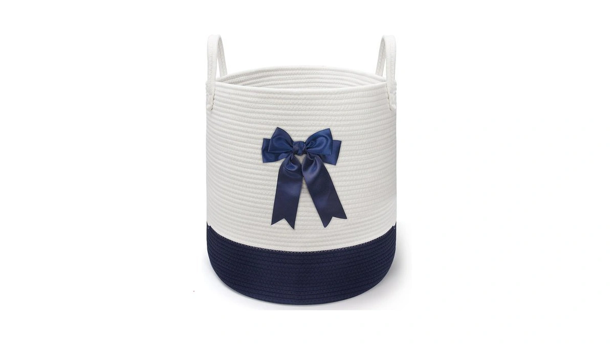 Goodheim Blue Laundry Hamper With Bow, Tall Storage Basket For
