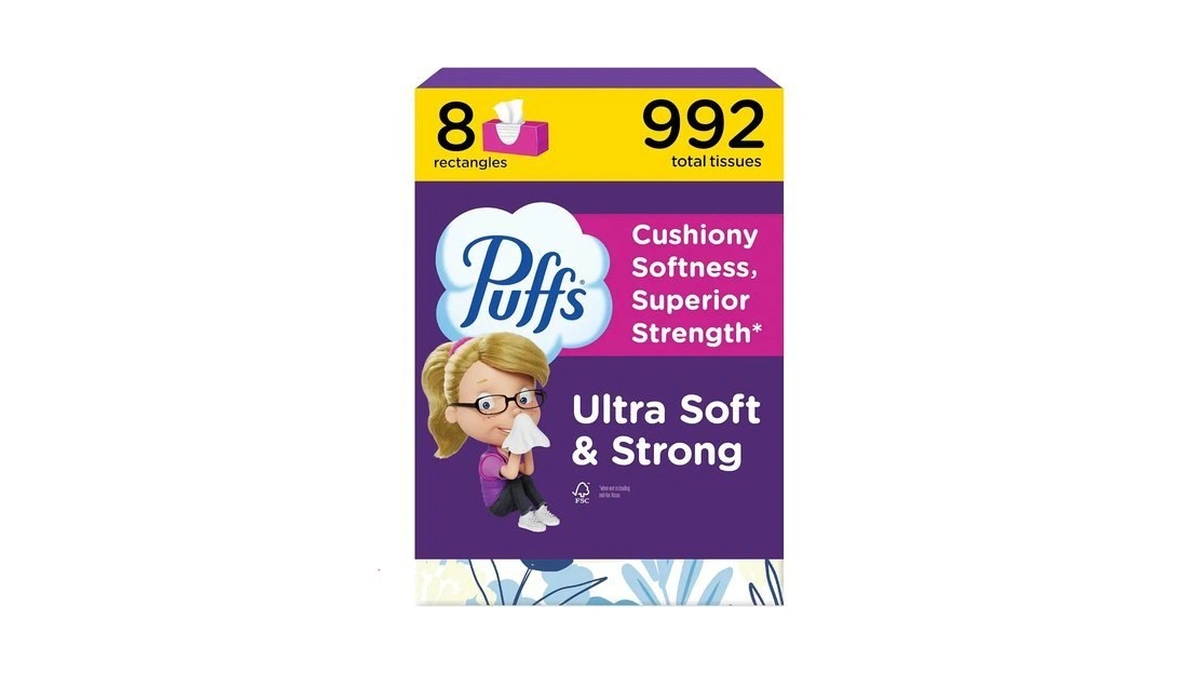 Puffs Facial Tissue Ultra Soft Non-lotion, 8 Rectangle Boxes, 124