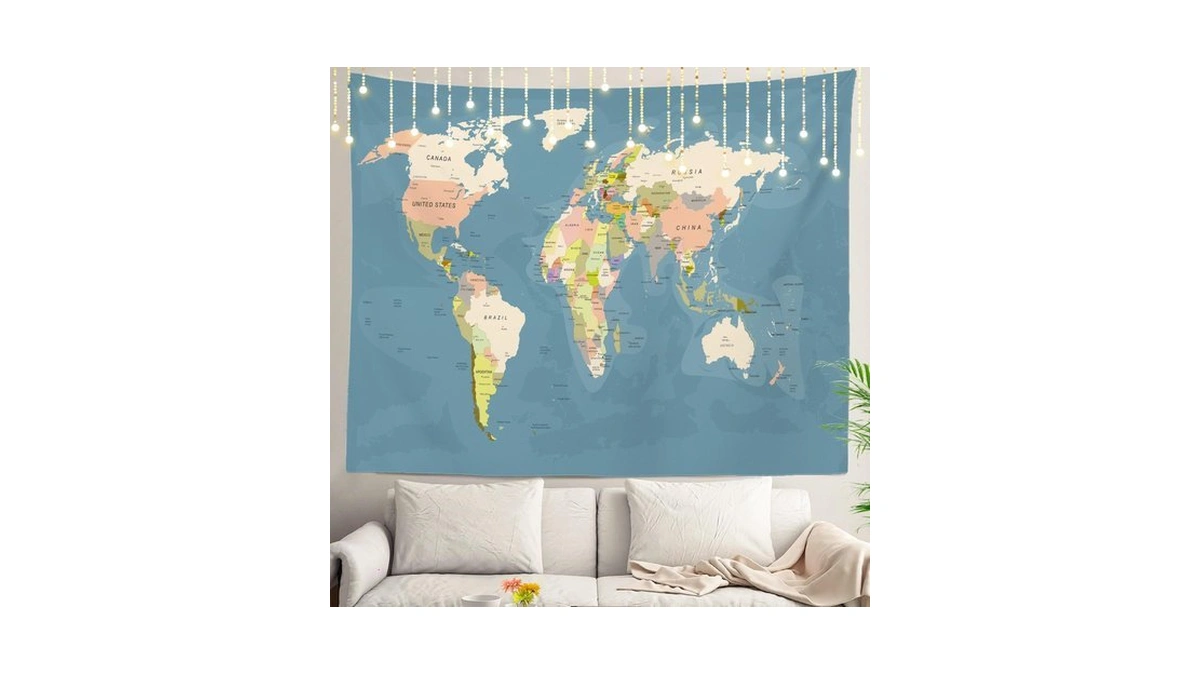 Shrahala Grey Geographical World Wall Tapestry, Blue Map Educational Beige