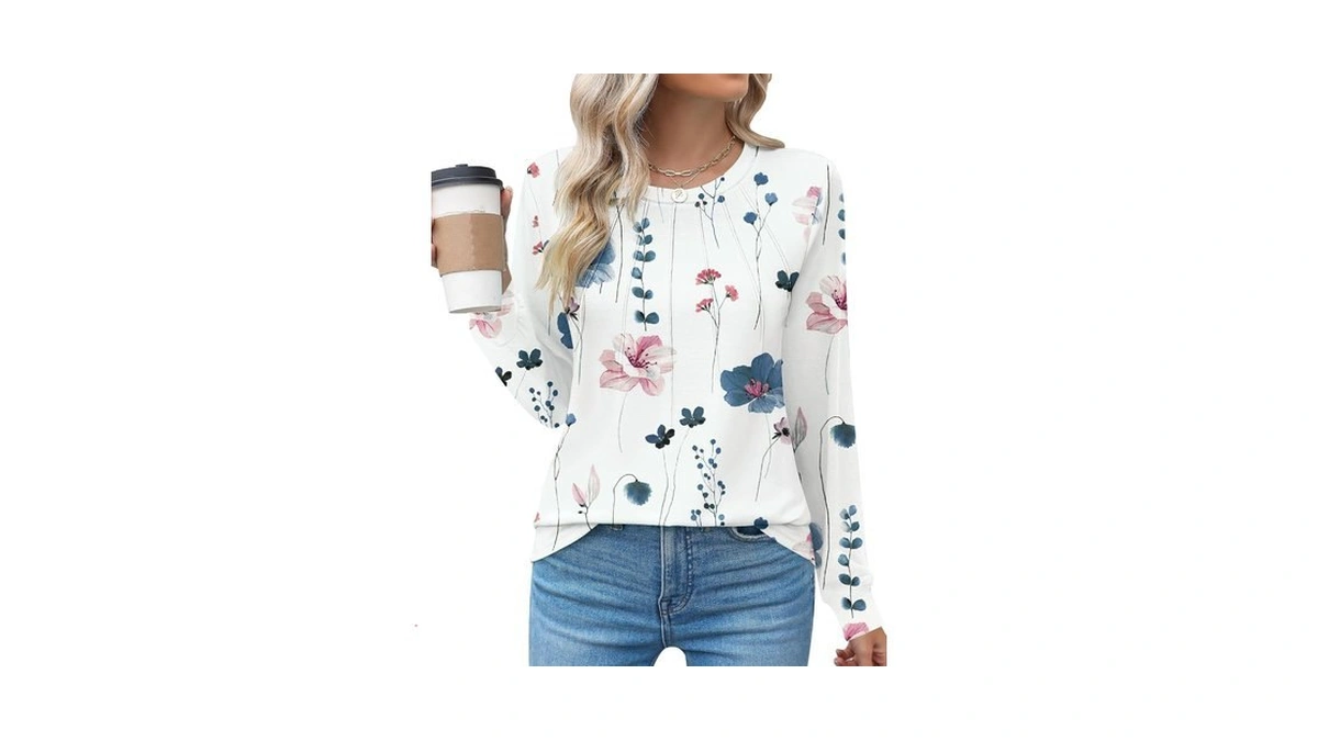 Kistore Womens Tops Long Sleeve Crew Neck Pleated Floral Shirts