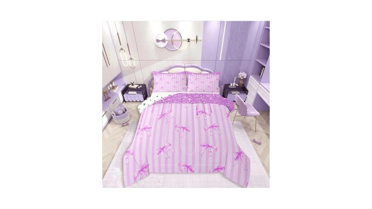 Jejeloiu Cute Bowknot Comforter Set Stripes Bow Bedding Set Twin