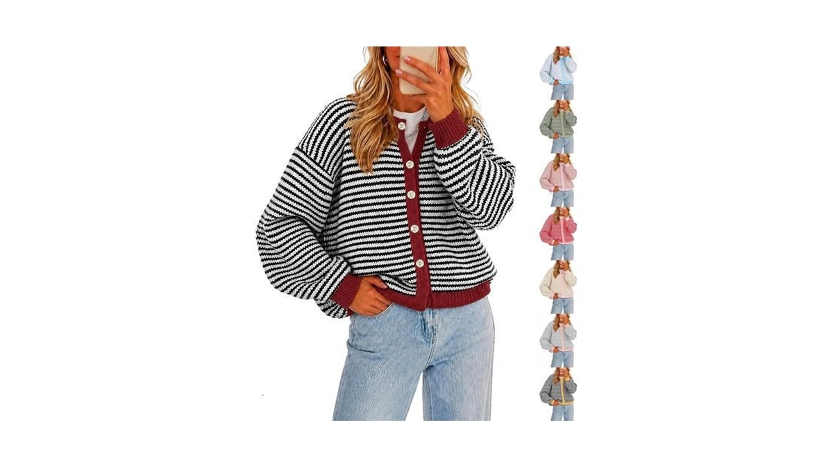 Crochet Sweaters For Women Lightweight Striped Button Down Cropped Sweaters