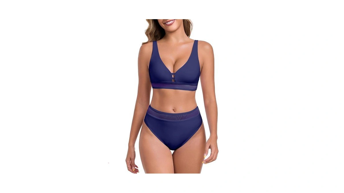 Colloyes Women's Deep V Neck Mesh Spliced Bikini Sets Navy