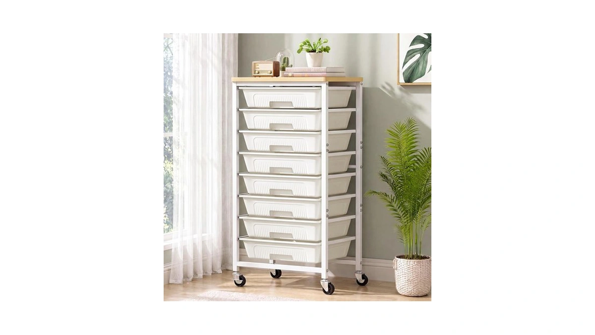 Caktraie 8-drawers Rolling Cart, Craft Storage Utility Cart, Beige White