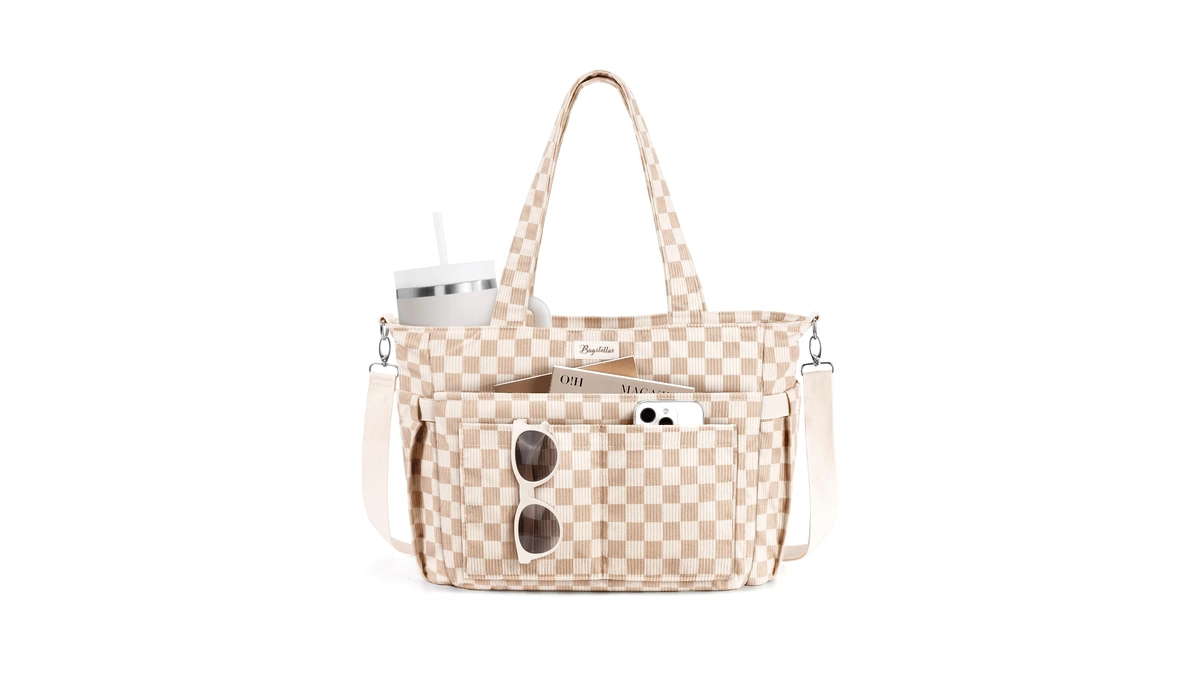 Bagstellar Corduroy Tote Bag For Women, 17 Pockets Laptop Work
