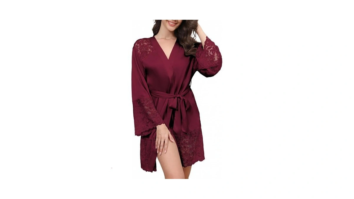 Anetyflying Women Slik Robes Lace Trim Stain Kimono Bathrobe For