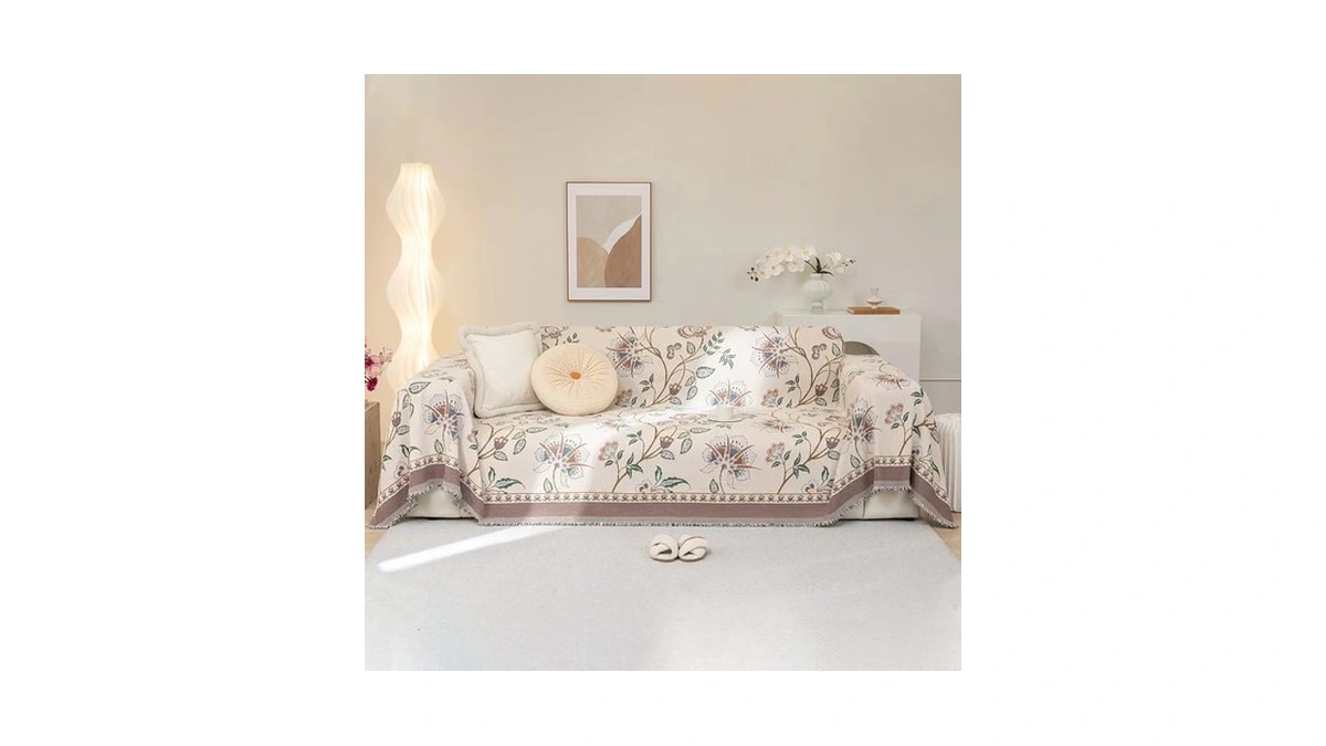 Amztop Floral White Jacquard Boho Couch Cover - Washable Decorative