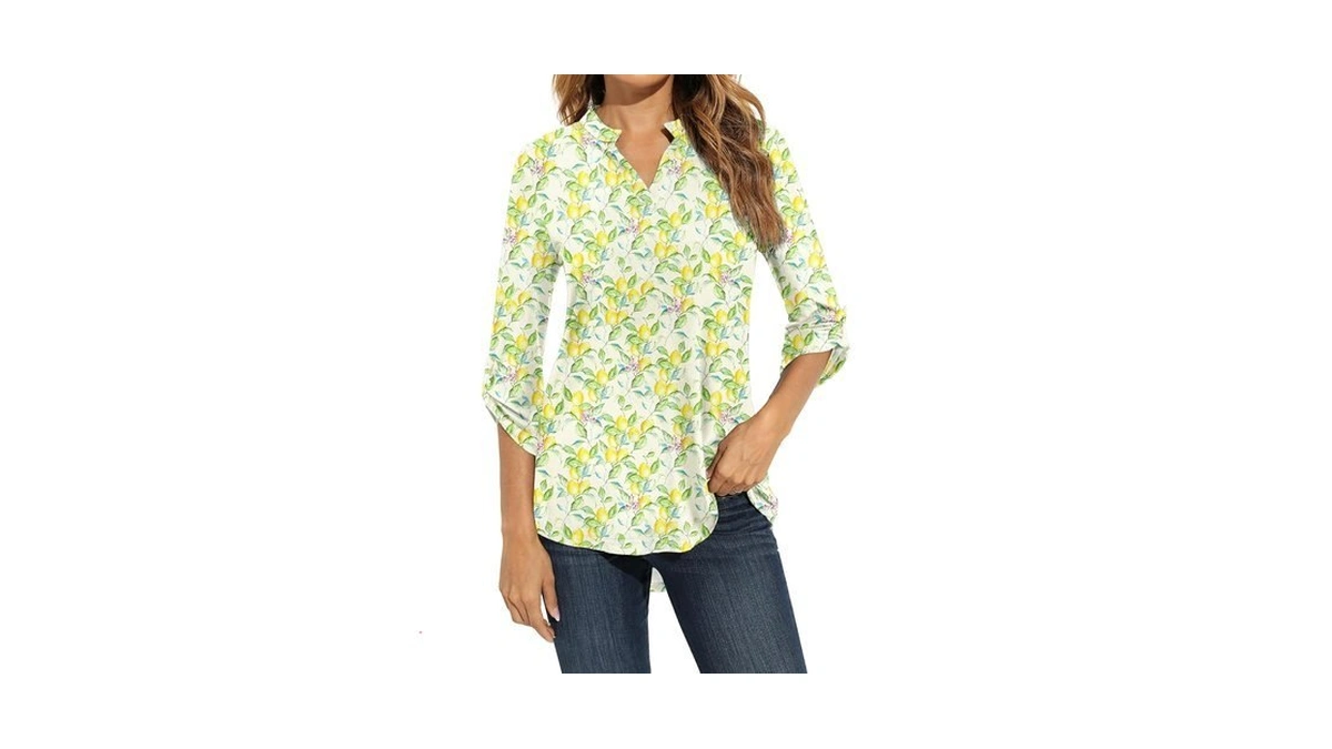Zattcas Womens Floral Printed Ladies Tunic Tops 3/4 Sleeve Notch