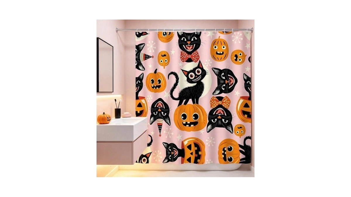Cwhcwa Spooky Halloween Shower Curtain Retro Black Cat, Pink, 70"
