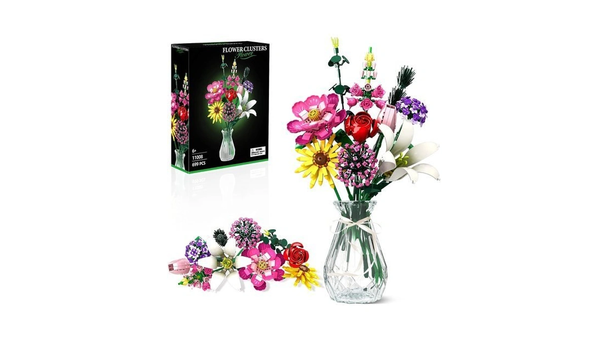 Flower Building Blocks Set, Multiple Flowers Bouquet Building Set, Artificial