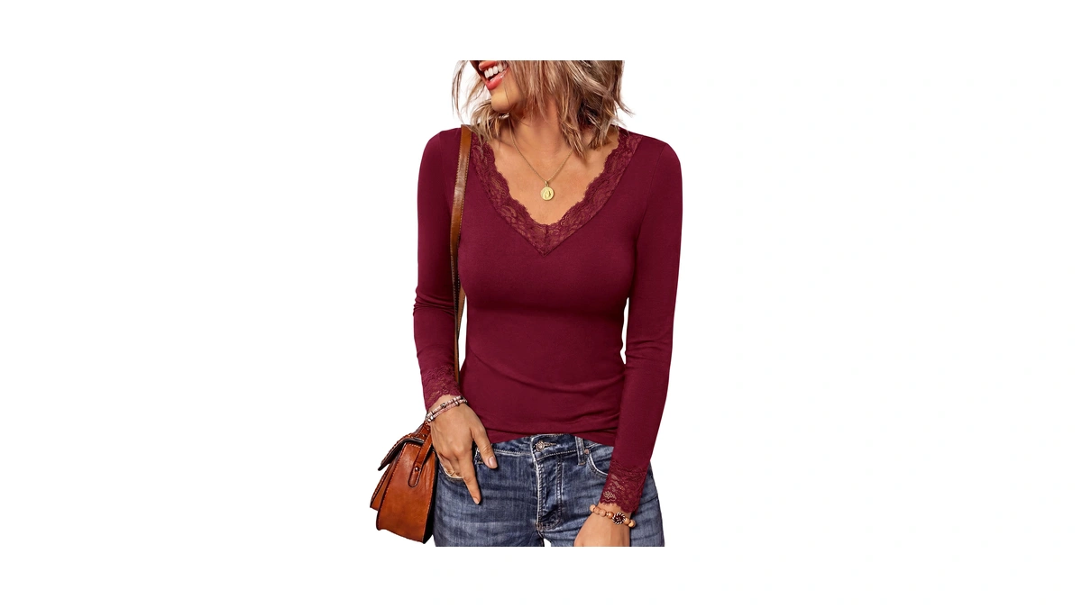 Prettygarden Womens V Neck Long Sleeve Fitted Lace Trim Tops,burgundy,xs