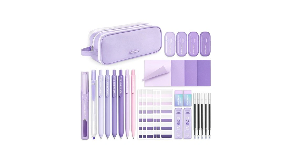 Four Candies Aesthetic Purple School Supplies Kit With Case For